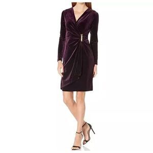Calvin Klein Women’s Burgundy Velvet Faux Wrap Long Sleeve Dress Size 10
